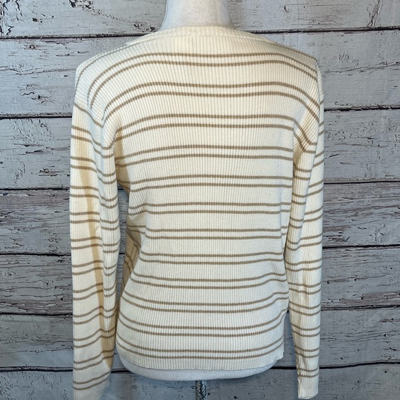 LIZ CLAIBORNE Sweater Ribbed Knit V Neck with Lacing Cream/Tan Stripes-MP - Picture 2 of 2